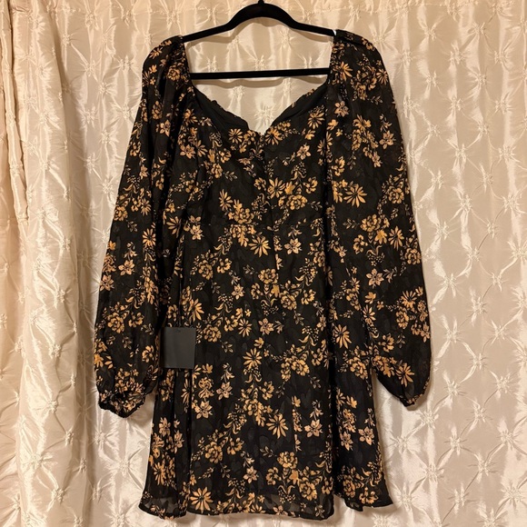 Lulu's Dressed Up Darling Black Gold Floral Balloon Sleeve Mini Dres Long Sleeve - Picture 8 of 15